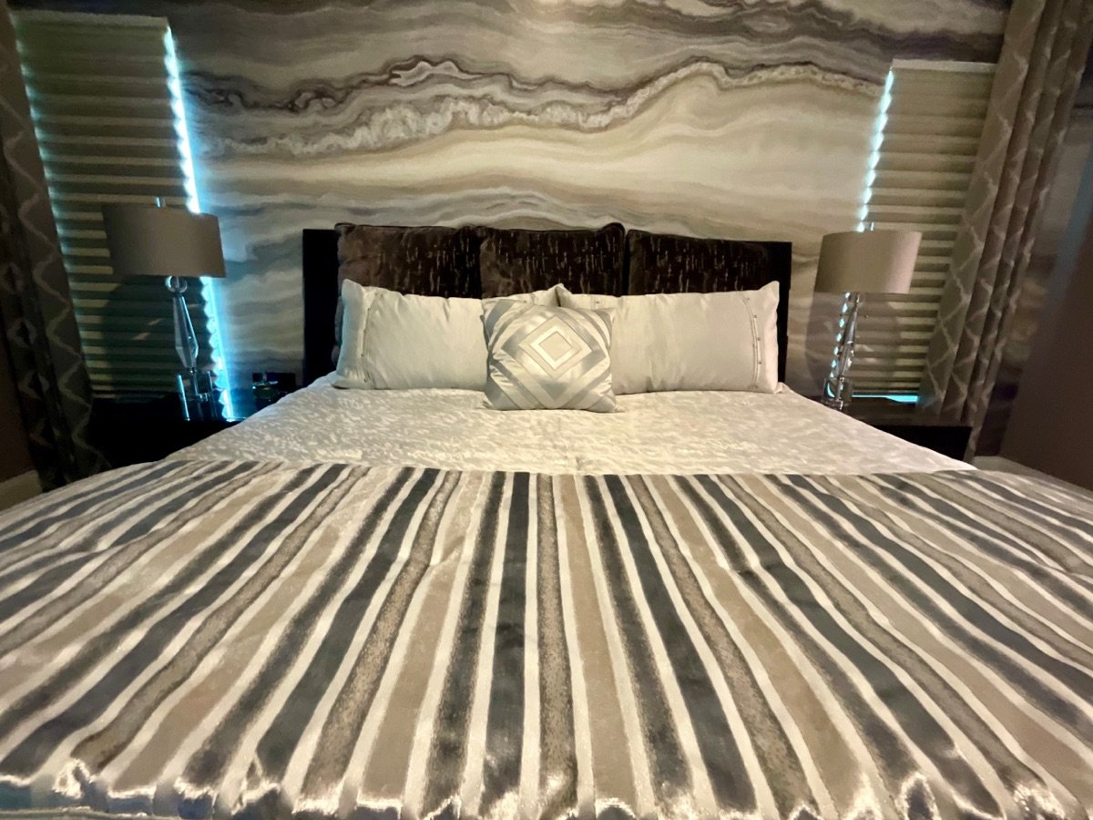 Geode Inspired Bedroom bedding detail designed by Mia Bella Designs, Tampa, Florida, view 3